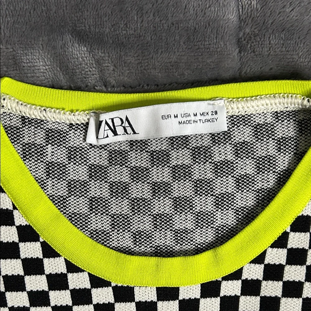 Zara Black and White Checkered Top with Neon Accents - Picture 2 of 8